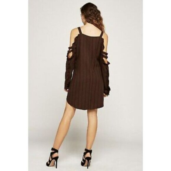BCBGENERATION SZ L Brown And Black Striped Cold Shoulder Shift Dress - Picture 2 of 8